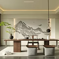 Traditional Tea Room Interior Design With Wooden Table Tea Sets And Mountain Painting