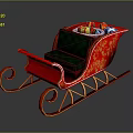 Red Decorative Sleigh Featuring Green Cushioned Seat Golden Accents Curved Runners And Gifts