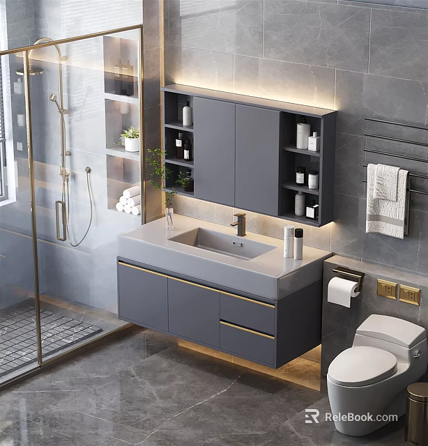 Modern Bathroom Interior Design With Gray Vanity Marble Countertop Faucet And Mirror Cabinet 3d model 