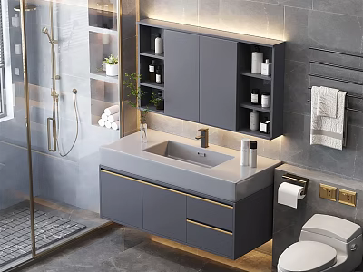 Modern Bathroom Interior Design With Gray Vanity Marble Countertop Faucet And Mirror Cabinet 3d model