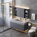 Modern Bathroom Interior Design With Gray Vanity Marble Countertop Faucet And Mirror Cabinet