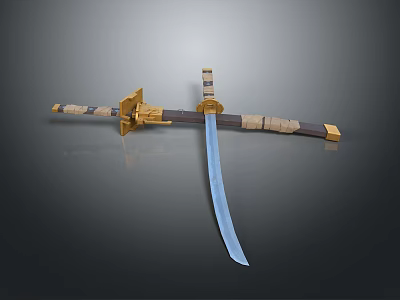 Traditional Samurai Sword With Blue Blade Ornate Golden Fittings And Leather Wrapped Handle 3d model