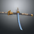 Traditional Samurai Sword With Blue Blade Ornate Golden Fittings And Leather Wrapped Handle