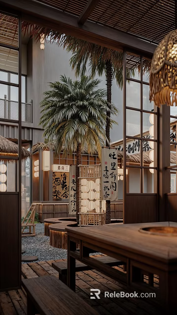 Modern Traditional Hotpot Restaurant With Palm Trees Chinese Lanterns Wooden Frames And Calligraphy Signs 3d model 