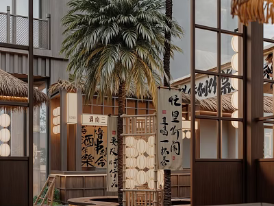 Modern Traditional Hotpot Restaurant With Palm Trees Chinese Lanterns Wooden Frames And Calligraphy Signs 3d model