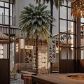 Modern Traditional Hotpot Restaurant With Palm Trees Chinese Lanterns Wooden Frames And Calligraphy Signs