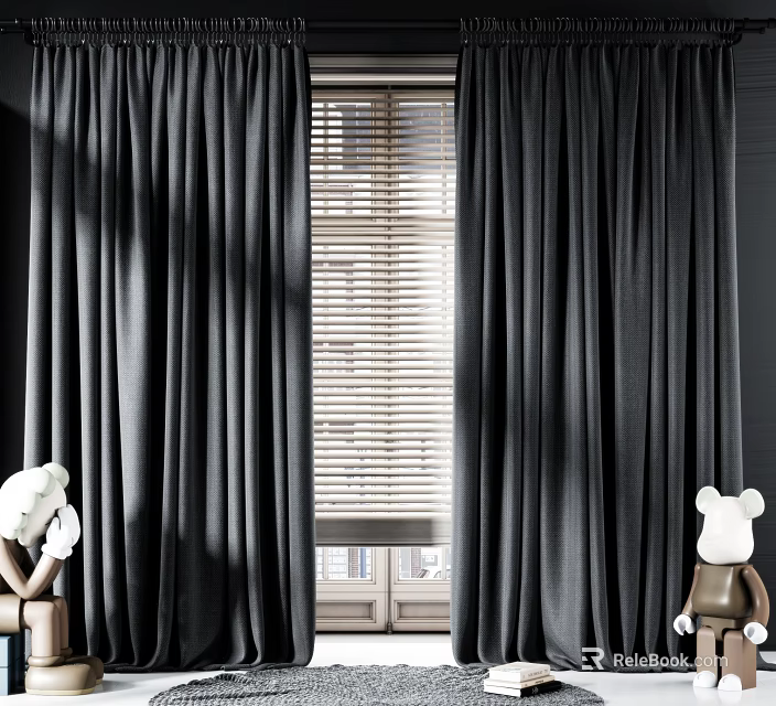 Black Curtains In Room With Window Blinds And Stuffed Bears Near Chair 3d model 