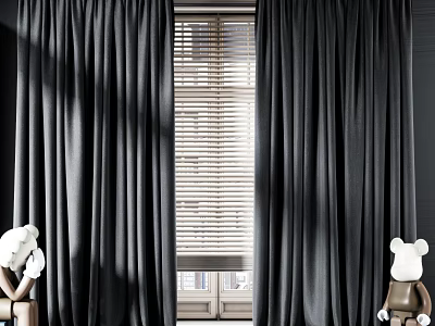 Black Curtains In Room With Window Blinds And Stuffed Bears Near Chair 3d model