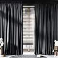 Black Curtains In Room With Window Blinds And Stuffed Bears Near Chair