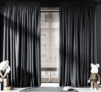 Black Curtains In Room With Window Blinds And Stuffed Bears Near Chair 3d model