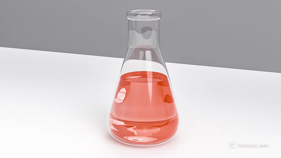 Clear Transparent Conical Flask With Pink Liquid On White Surface Gray Background 3d model 