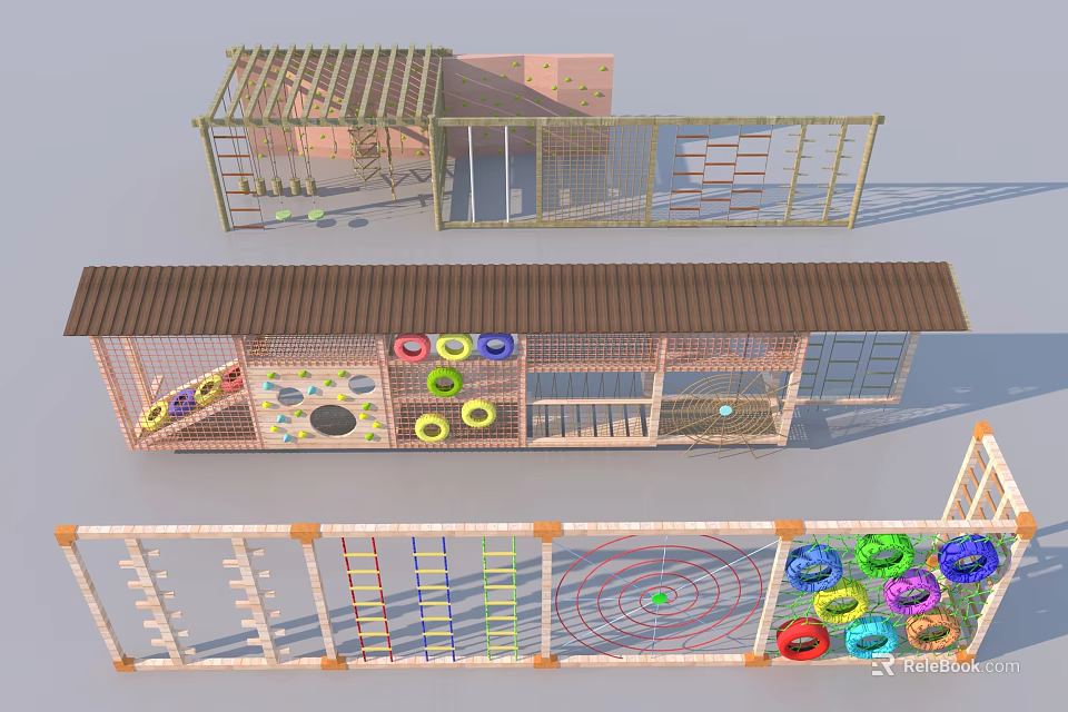 Wooden Playground Equipment With Climbing Net Colorful Rings And Platforms 3d model 