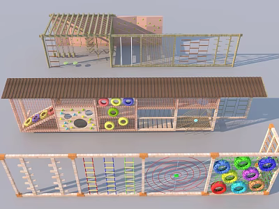 Wooden Playground Equipment With Climbing Net Colorful Rings And Platforms 3d model