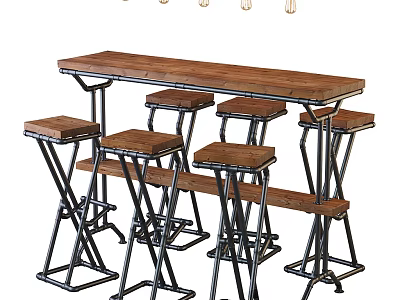 Rustic Wooden Bar Counter With Metal Frame And Stools For Home 3d model