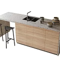 Modern Kitchen Bar Counter With Stone Top Wooden Cabinets Black Stools Sink And Dishes