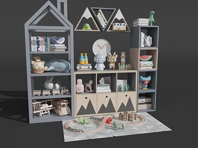 Colorful Toy Dolls On Shelves With Train Track And Animal Figures 3d model