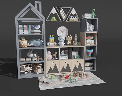 Colorful Toy Dolls On Shelves With Train Track And Animal Figures 3d model