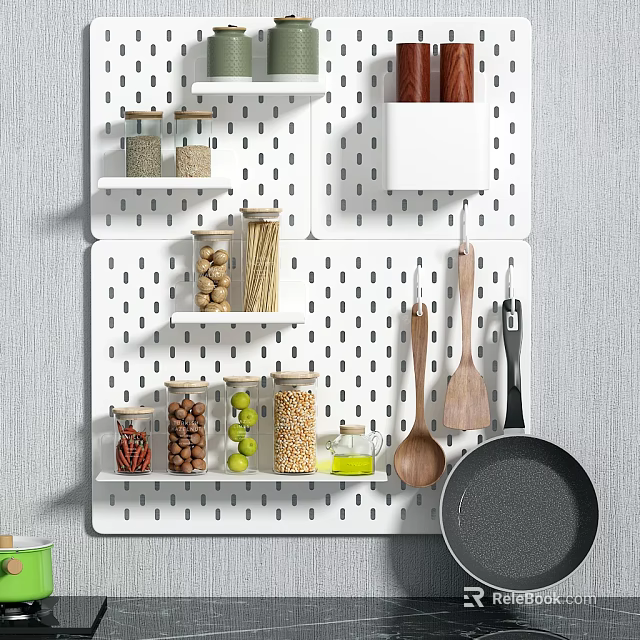 Practical Kitchen Cabinet Storage With Pegboard Shelves Jars Nuts Beans And Utensils 3d model