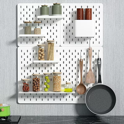 Practical Kitchen Cabinet Storage With Pegboard Shelves Jars Nuts Beans And Utensils 3d model