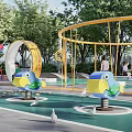 Green Children's Playground With Circular Curved Slides Swings Trees And Seating Areas