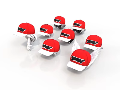 Multiple Red Caps With Black Logo Arranged On White Background 3d model