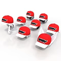 Multiple Red Caps With Black Logo Arranged On White Background