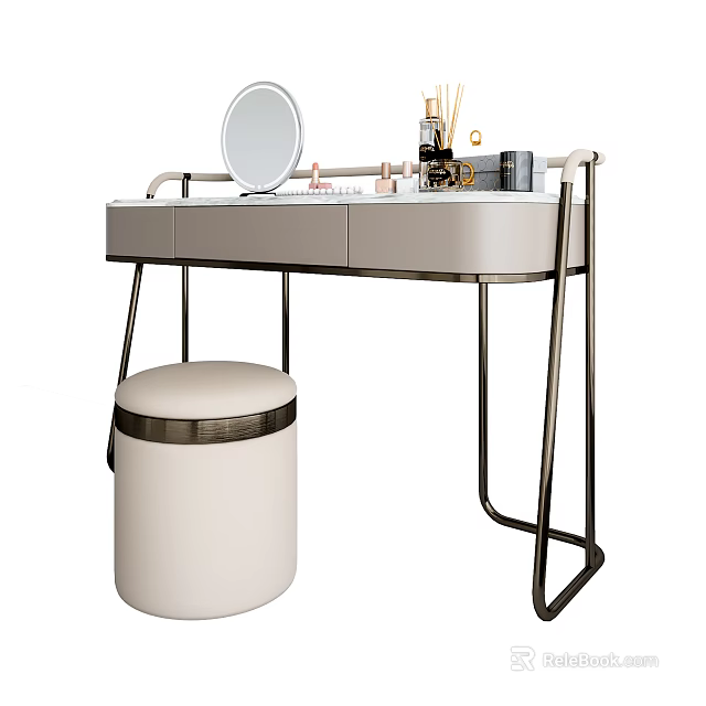 Modern Dressing Table With Round Mirror Metal Frame Drawers And Matching Stool 3d model