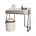 Modern Dressing Table With Round Mirror Metal Frame Drawers And Matching Stool 3d model