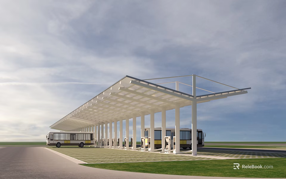 Outdoor Bus Charging Station With Canopy Buses At Charging Poles Green Area And Road 3d model 