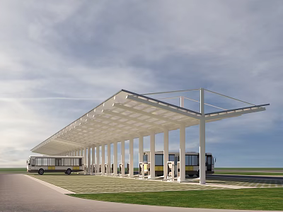 Outdoor Bus Charging Station With Canopy Buses At Charging Poles Green Area And Road 3d model