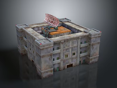 Square 3D Model Building with Gray Stone Exterior Multiple Windows Radar Antenna Wooden Top Platform 3d model