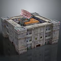 Square 3D Model Building with Gray Stone Exterior Multiple Windows Radar Antenna Wooden Top Platform