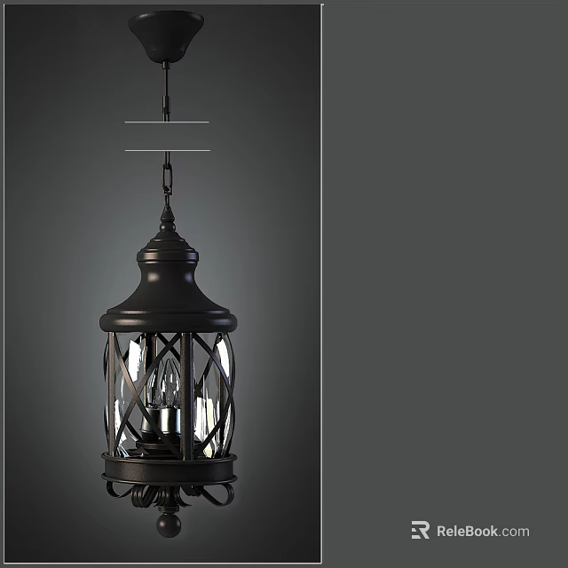 Vintage Black Lantern Style Chandelier With Metal Frame And Glass Shade 3d model 