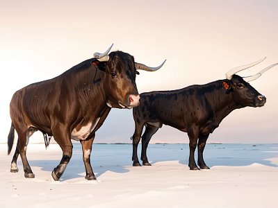 Two Black Reptiles Standing On Snowy Terrain At Sunset Moment 3d model