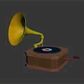 Vintage Gramophone Design With Golden Horn Wooden Base Vinyl Record And Hand Crank