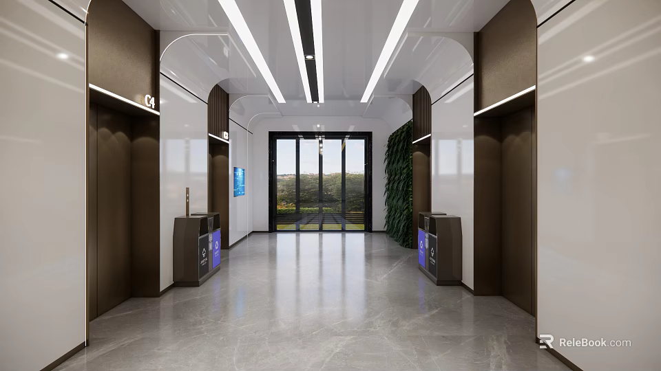 Modern Elevator Lobby Design With Recessed Lighting Green Plants And Storage Cabinets 3d model