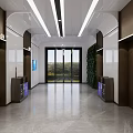 Modern Elevator Lobby Design With Recessed Lighting Green Plants And Storage Cabinets 3d model