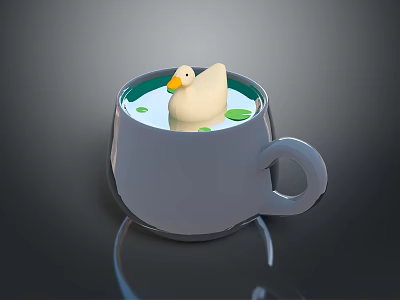 Cute Yellow Duck Toy in Gray Mug with Green Lily Pads on Water 3d model