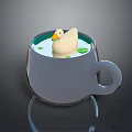 Cute Yellow Duck Toy in Gray Mug with Green Lily Pads on Water