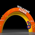 Event Entrance Arch with Welcome Home Lettering Orange Yellow Music Notes and Vinyl Record Decorations