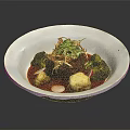 Braised Meat With Red Sauce Broccoli Crispy Shreds And Turnip On White Plate