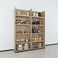 Wooden Display Shelf with Glass Jars Ceramic Bottles Bowls and Storage Baskets on Layers
