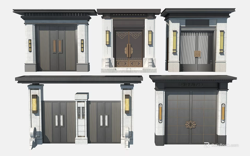 Various Modern Traditional Entrance Doors With Stone Frames Lighting Fixtures And Decorative Details 3d model 
