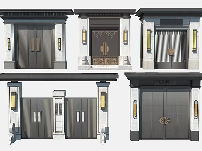 Various Modern Traditional Entrance Doors With Stone Frames Lighting Fixtures And Decorative Details 3d model