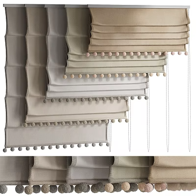 Various Neutral Toned Curtains With Decorative Pom Poms For Modern Home Decor 3d model