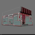 Modern Exhibition Booth With White Red Design Glass Display Cabinets Striped Awning And Reflective Floor