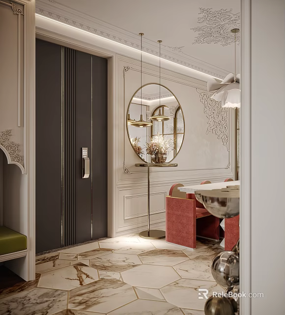 Elegant Modern Kitchen Interior With Marble Island Cabinets And Pendant Lights 3d model 