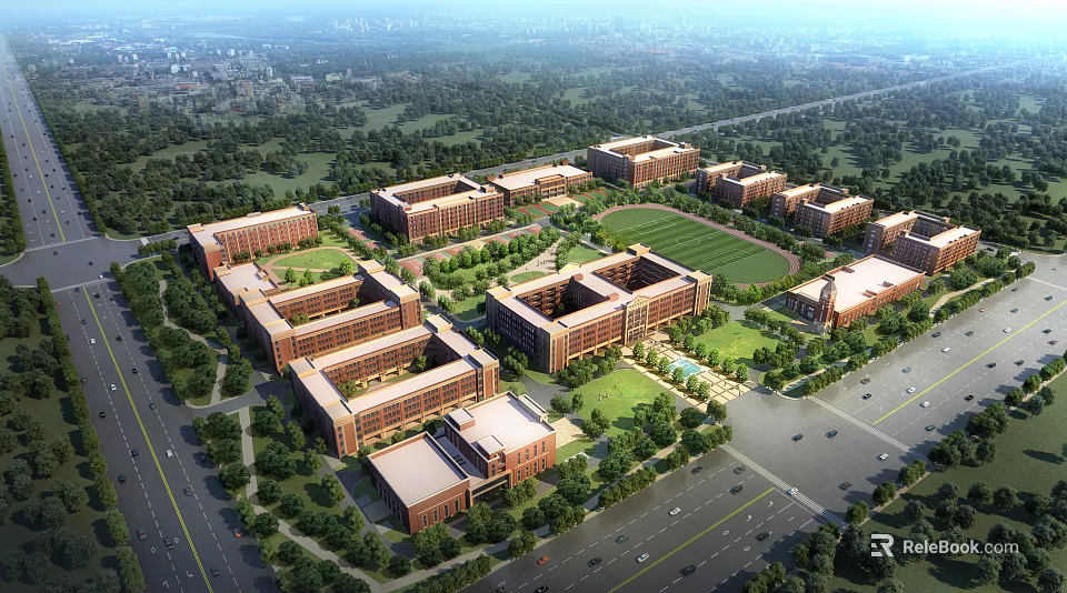 Bird's Eye View Campus Planning Featuring Red Brick Buildings Green Spaces and Sports Field 3d model 