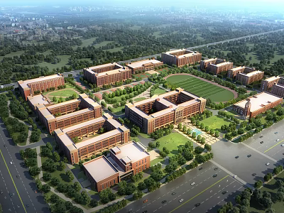 Bird's Eye View Campus Planning Featuring Red Brick Buildings Green Spaces and Sports Field 3d model