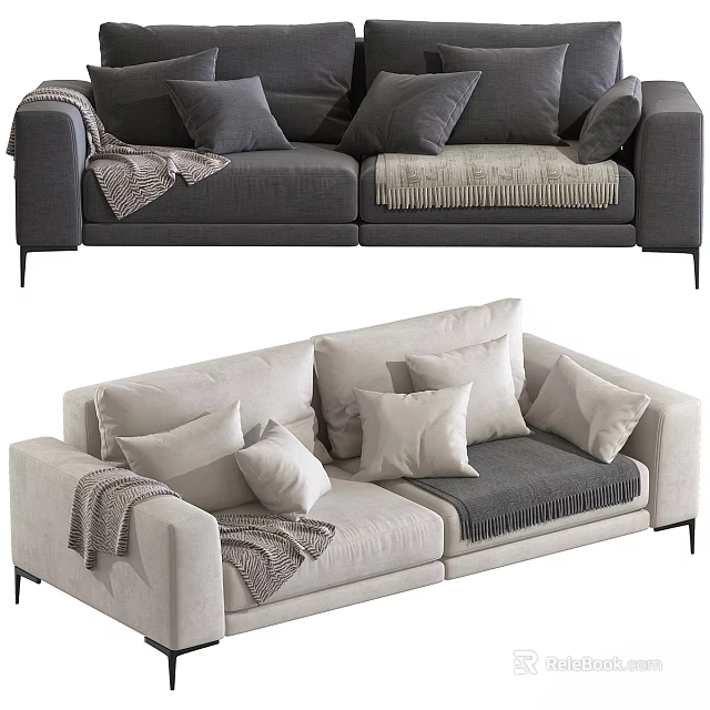 Two Seater Sofa In Gray And Beige With Plush Pillows And Soft Blankets 3d model 